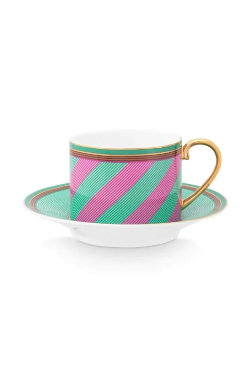 Pip Chique Stripes Cappuccino Kop & Schotel Roze/Groen<Pip Studio Discount