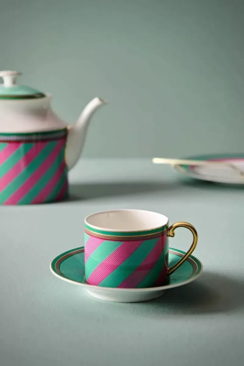 Pip Chique Stripes Cappuccino Kop & Schotel Roze/Groen<Pip Studio Discount
